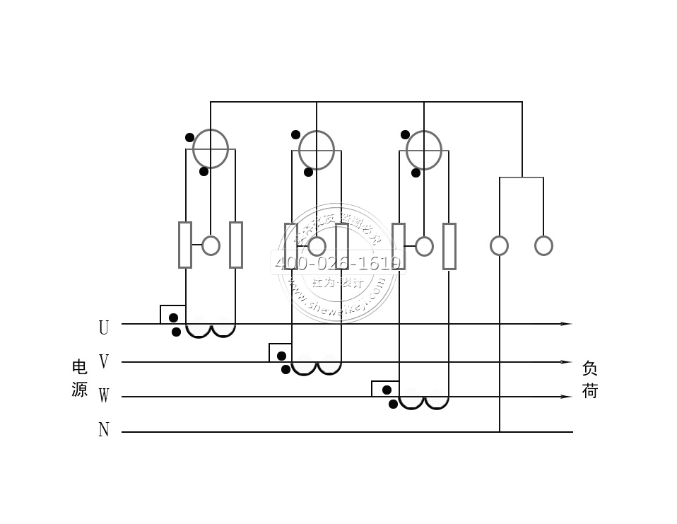 三相四線電能表電流互感器接線（電流、電壓線共用）